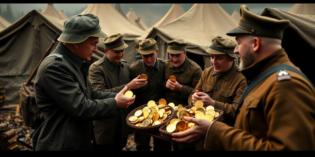 Soldats recevant des pièces d'or pendant la guerre.