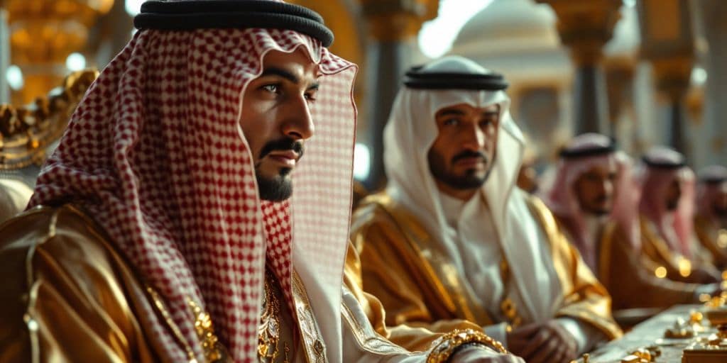 Membres de la famille royale avec des tenues dorées.