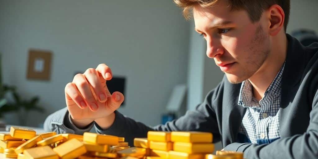 Jeune investisseur avec des lingots et des pièces d'or.