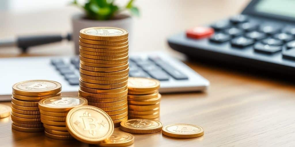 Des pièces d'or empilées sur une table en bois.