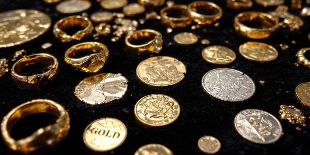 Pièces d'or endommagées sur un fond sombre.