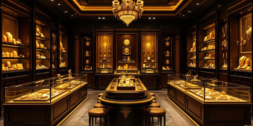 Intérieur d'une boutique de bijoux en or.