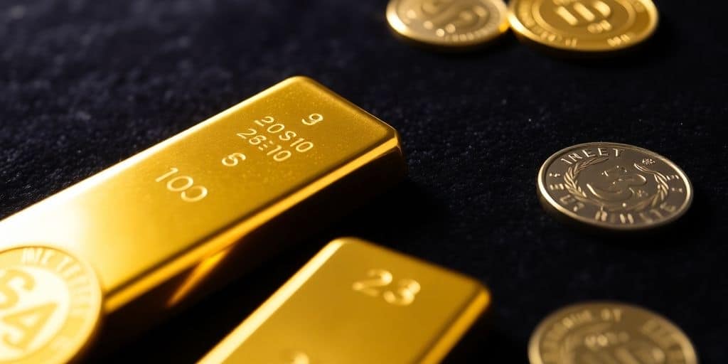 Barre d'or et pièces sur fond noir.