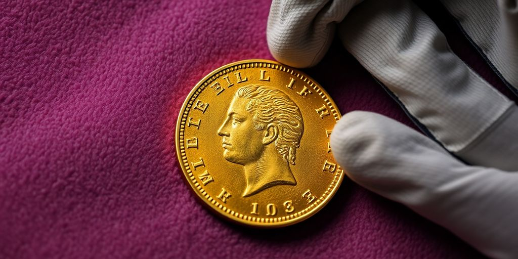 Pièce de Napoléon en or sur fond velouté.