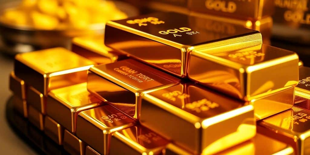 Lingots d'or brillants empilés dans un cadre luxueux.