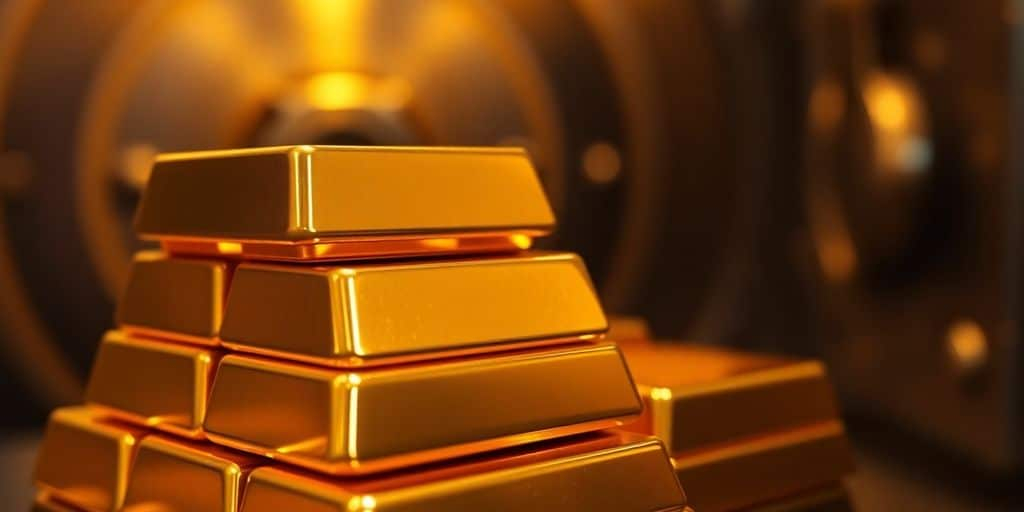 Barres d'or empilées dans un coffre.