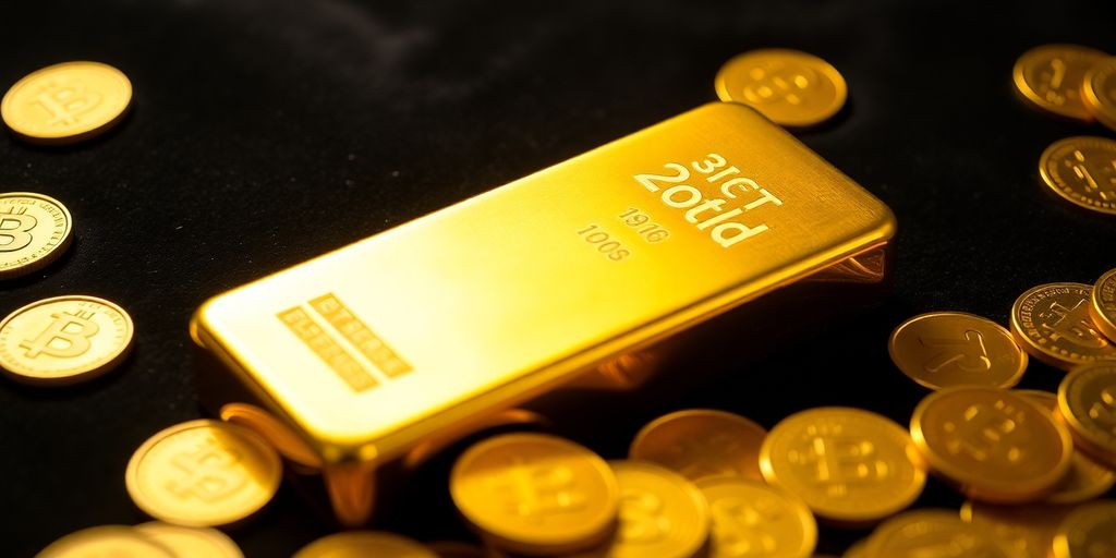 Lingot d'or sur un fond sombre avec des pièces.