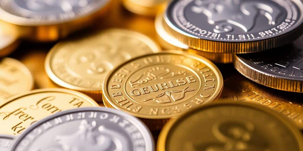 Pièces d'or et d'argent brillantes sur fond flou.