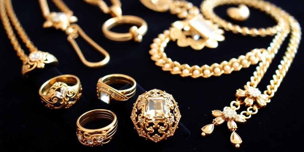 Bijoux en or sur un fond en velours noir.