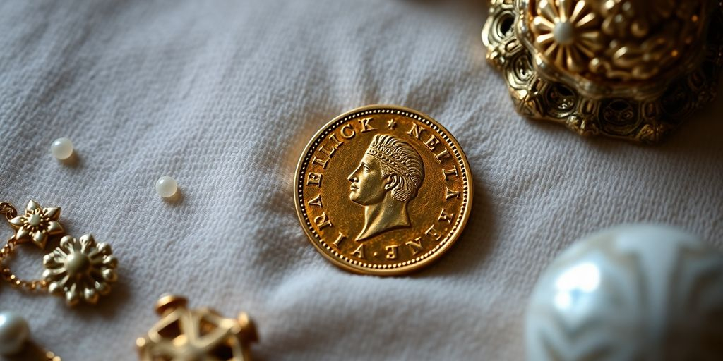 Pièce en or de Napoléon sur un tissu en velours.