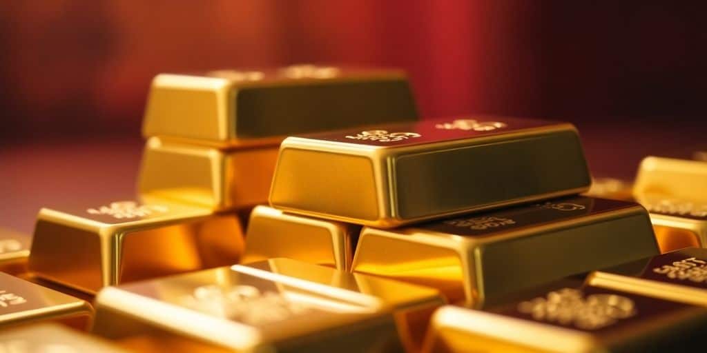 Des lingots d'or empilés brillants.