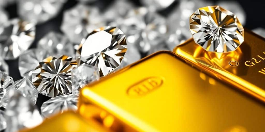 Diamants brillants et barres d'or scintillantes.