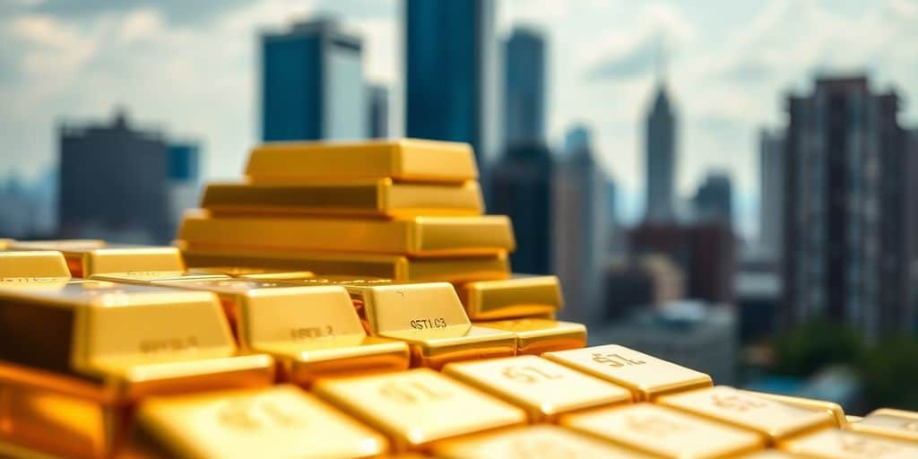 Des barres d'or empilées avec une ville en arrière-plan.