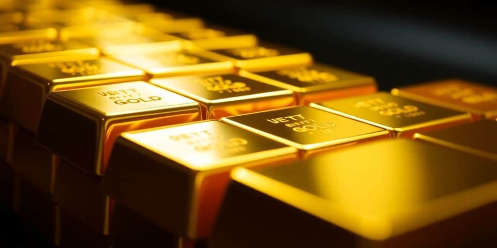 Barres d'or empilées avec éclat et lumière.