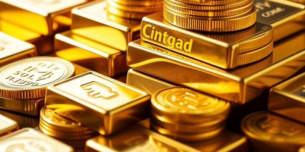 Lingots et pièces d'or brillants empilés.