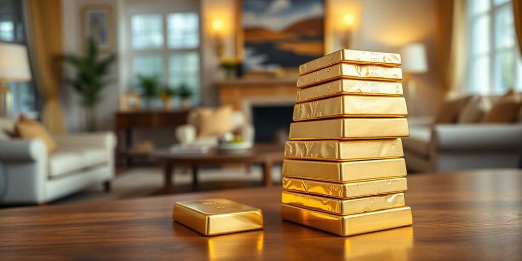 Lingots d'or empilés sur une table en bois.