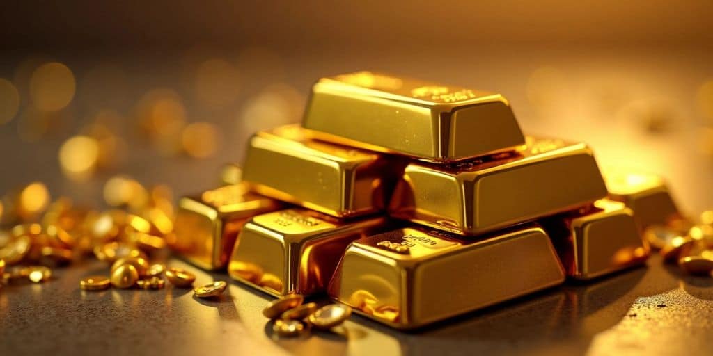 Barres d'or brillantes empilées sur un fond chaleureux.