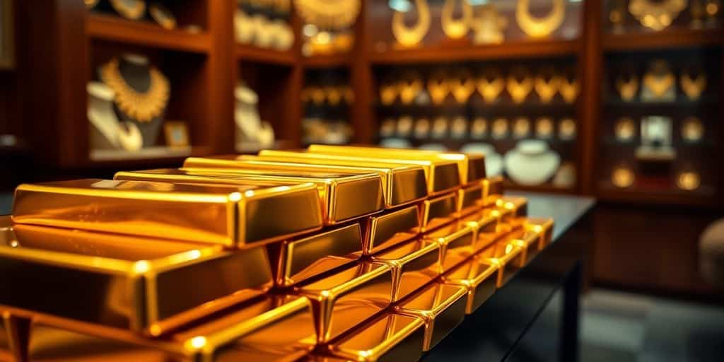 Barres d'or empilées dans un magasin de bijoux.