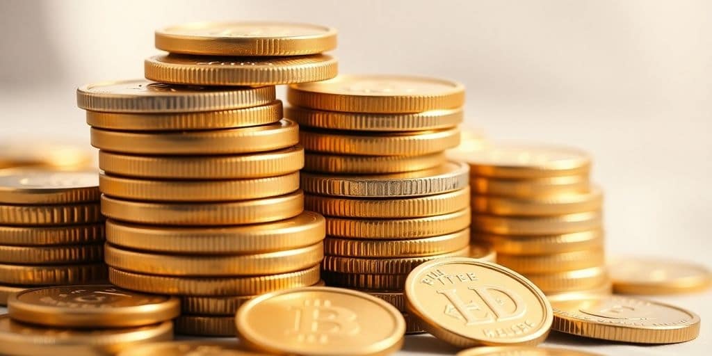 Pièces d'or brillantes empilées sur un fond flou.