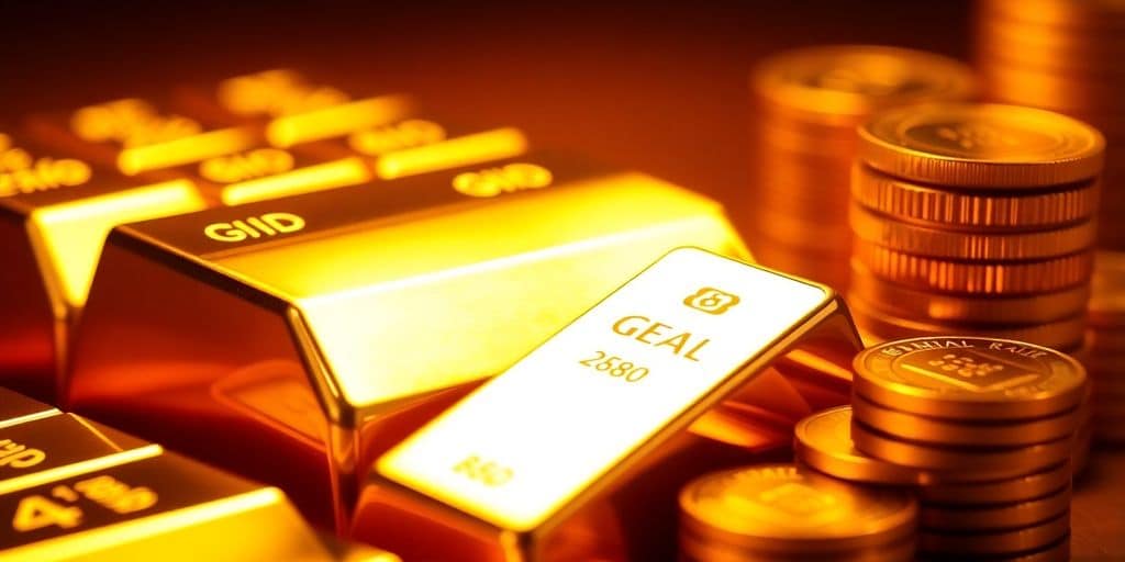 Des barres et pièces d'or empilées.