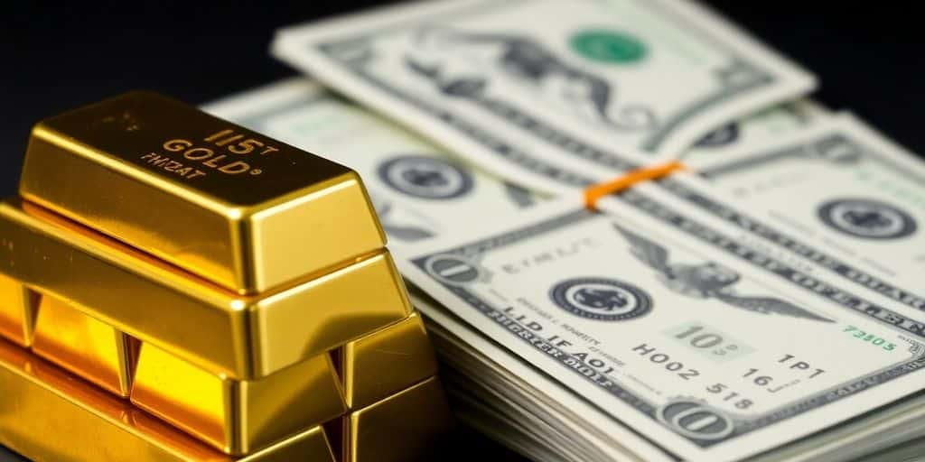 Barres d'or et dollars américains empilés.