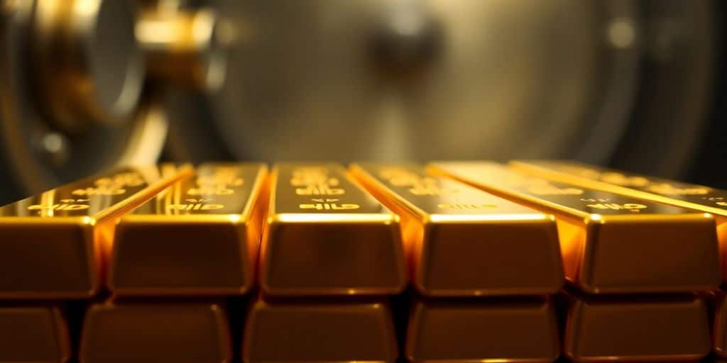 Des barres d'or empilées dans un coffre-fort.