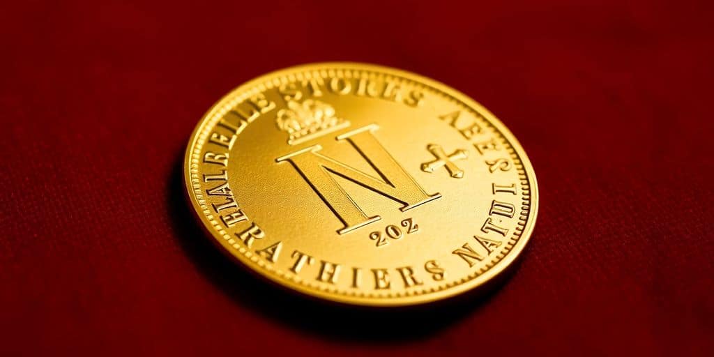 Une pièce en or Napoléon sur une surface veloutée.