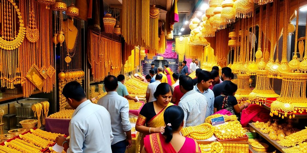 Scène de marché avec des bijoux en or en Inde.