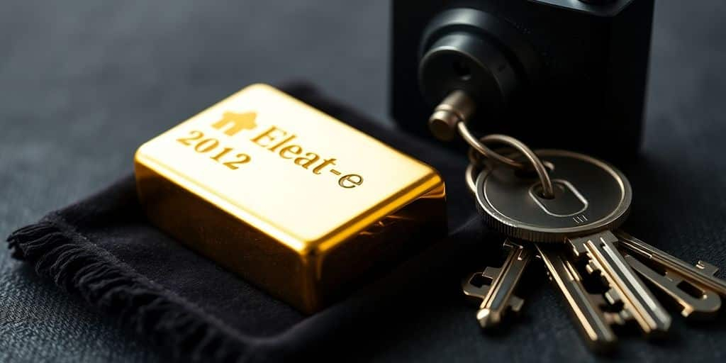 Lingot d'or sécurisé avec un cadenas et une clé.