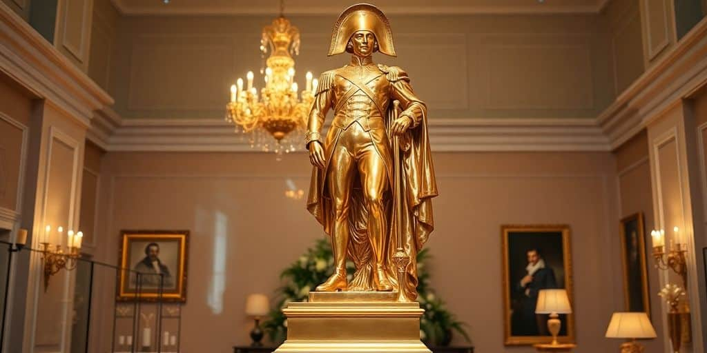Statue de Napoléon en or au milieu d'une exposition.