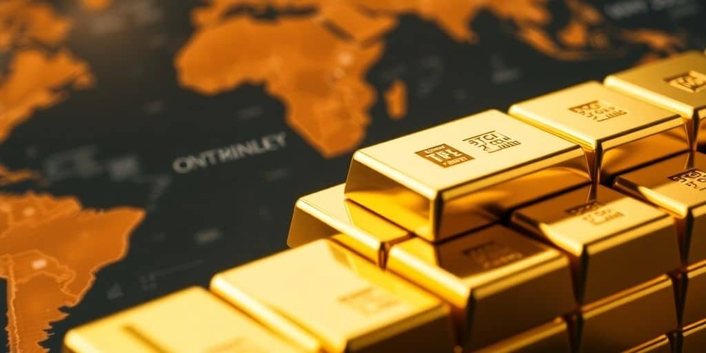 Barres d'or brillantes avec une carte floue en arrière-plan.