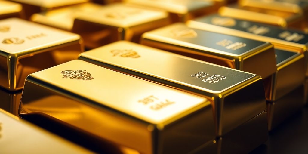 Barres d'or empilées avec éclat et texture.