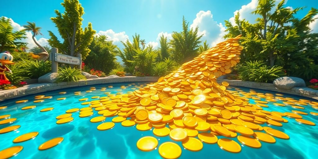 Piscine remplie de pièces d'or scintillantes.