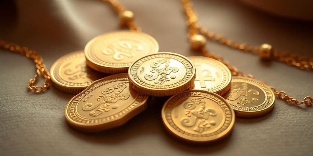 Pièces d'or et bijoux sur un fond en velours.