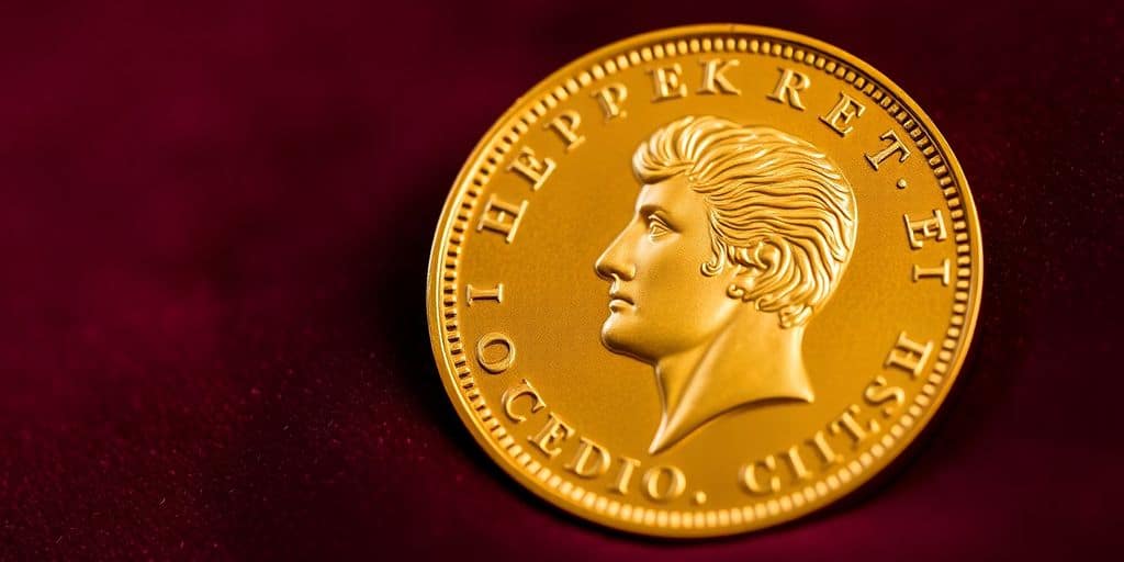 Une pièce de Napoléon en or sur un fond velouté.