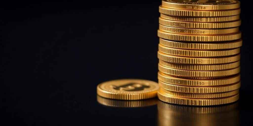 Des pièces d'or empilées sur une surface sombre.