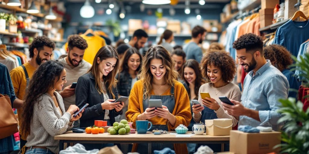 Scène d'achat en ligne avec des personnes et des produits.