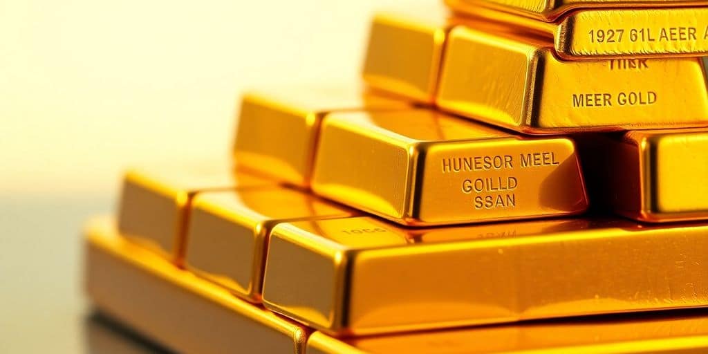 Lingots d'or empilés sur une surface brillante.