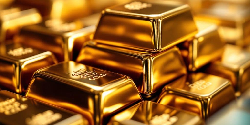 Barres d'or brillantes empilées sur un fond flou.