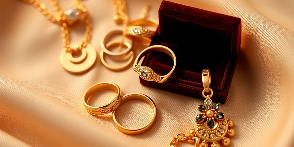 Bijoux en or hérités sur un fond doux.