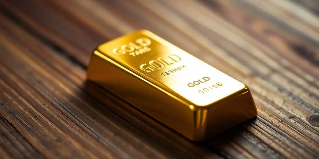 Lingot d'or sur une surface en bois.