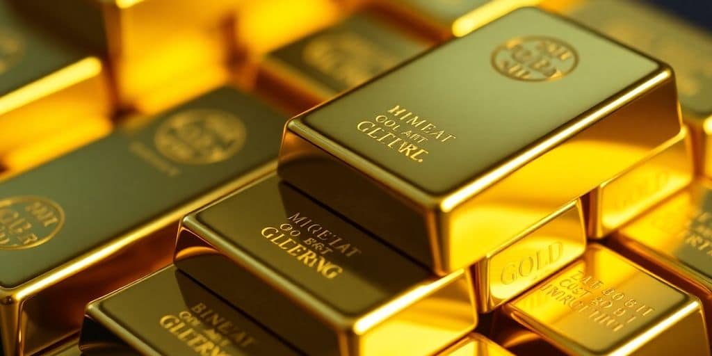 Des barres d'or empilées, mettant en valeur leur éclat.