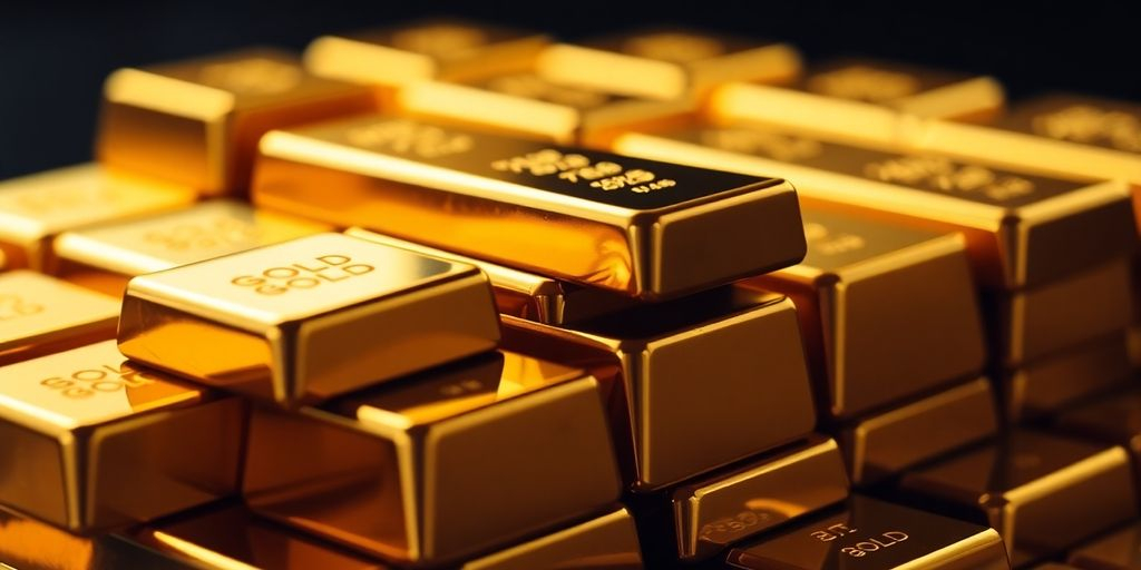 Des barres d'or empilées sur un fond sombre.