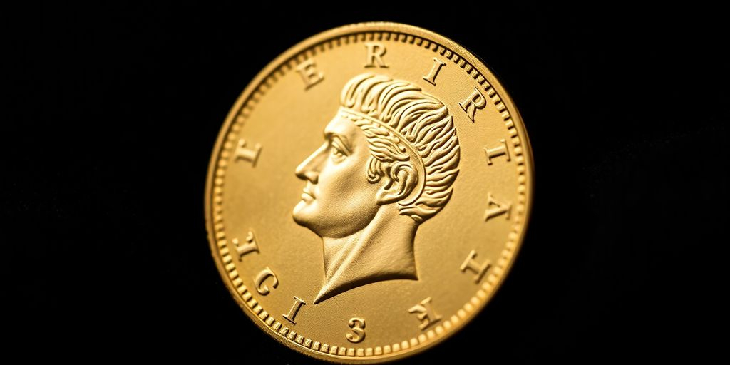 Pièce de Napoléon d'Or sur fond velours sombre.
