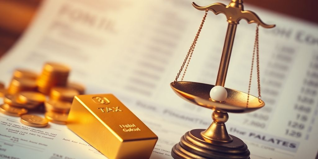Barre d'or et balance sur fond flou.