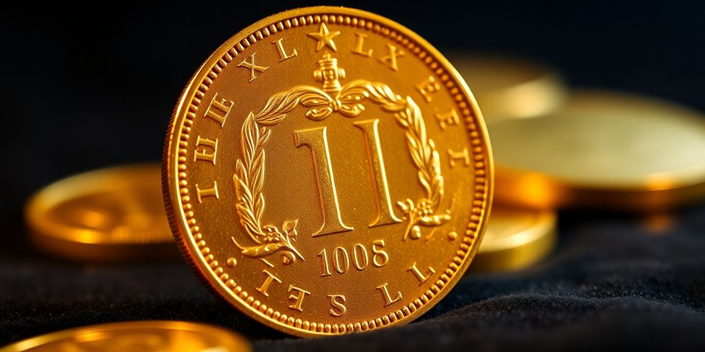 Pièce en or de Napoléon sur un fond sombre.
