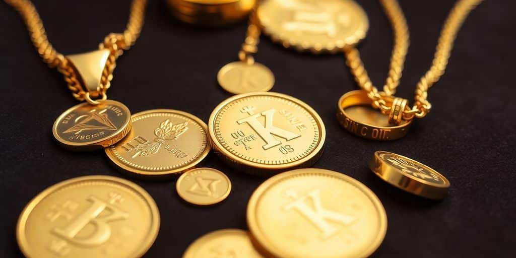 Pièces d'or et bijoux sur un fond en velours.