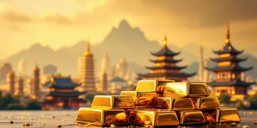 Barres d'or empilées avec des monuments asiatiques en arrière-plan.