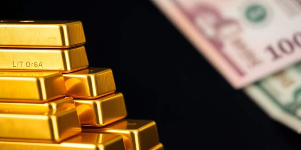 Des barres d'or brillantes avec des billets flous en arrière-plan.