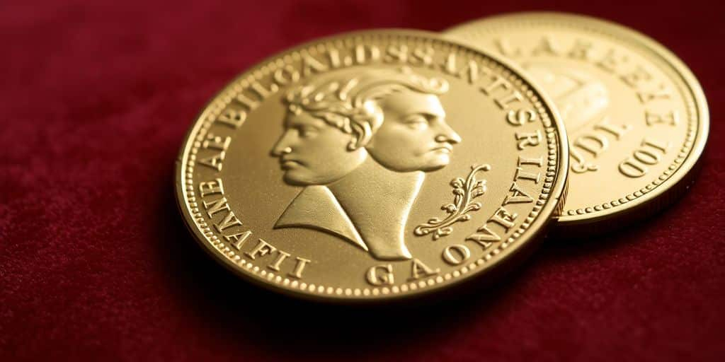 Monnaie en or de Napoléon sur fond de velours.